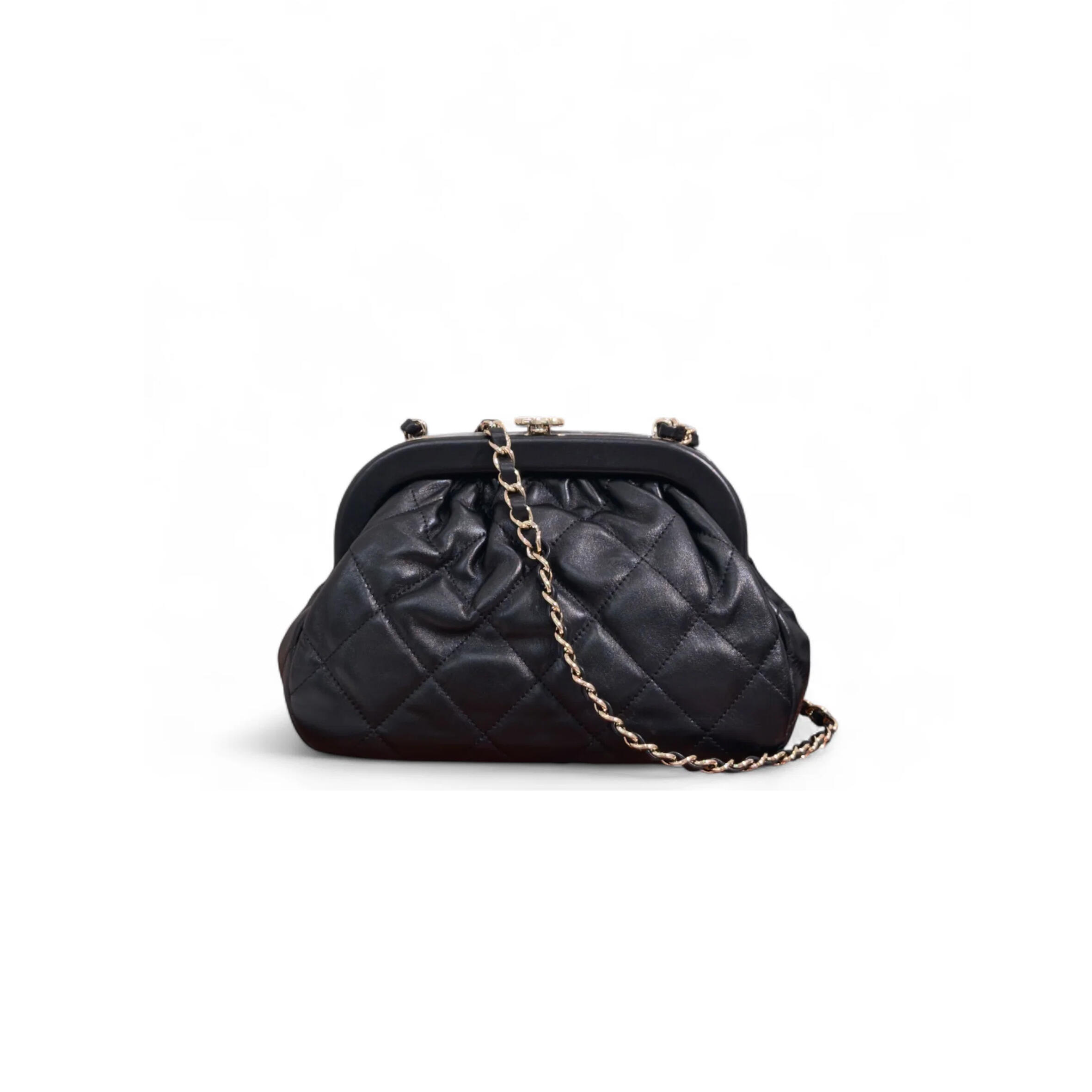 CHANEL QUILTED VINTAGE KISS LOCK FRAME BAG LAMBSKIN BLACK (23*15*8cm)
